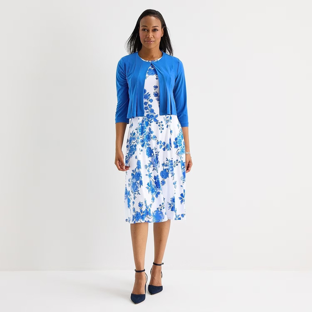 MSRP $84 Danny & Nicole Womens XL China Blue Ivory Midi Floral Jacket Dress 2